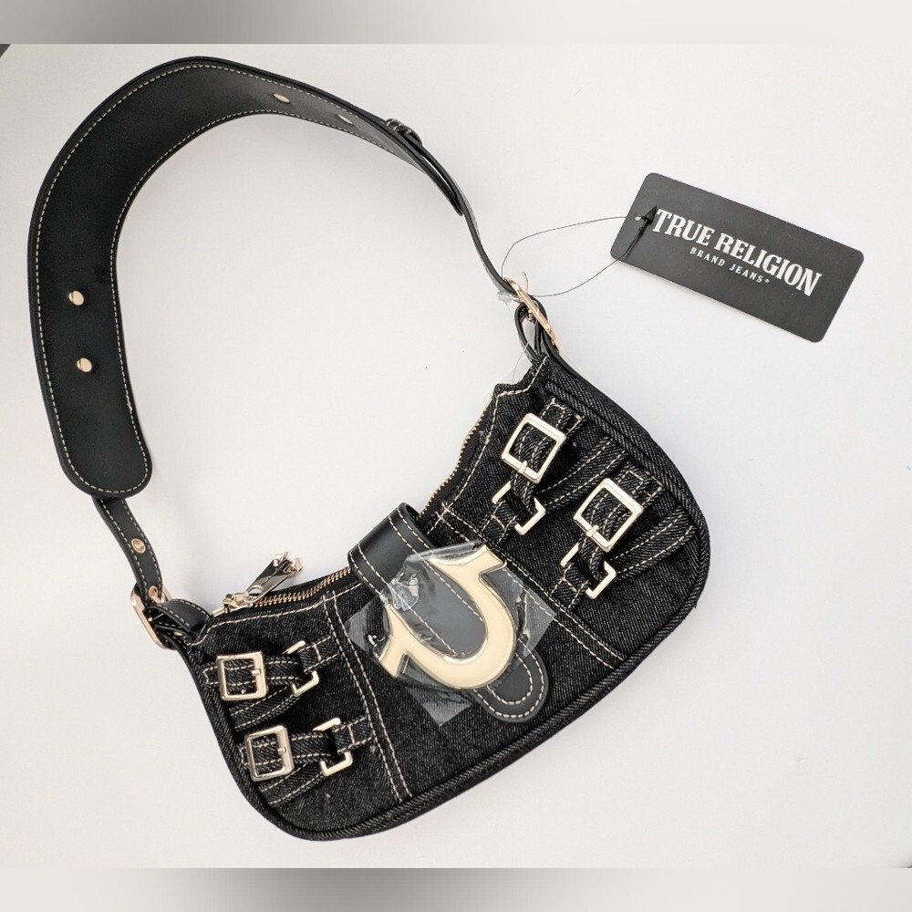 NWT True Religion Black Denim Shoulder Bag/Purse with Gold Buckle and Accents